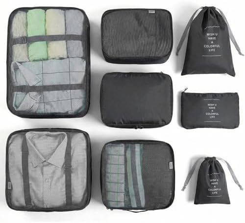 BillyBath 8-teiliges Koffer Organizer Set & Packwürfel | Platzsparende Packing Cubes für Kleidung. Perfekter Kofferorganizer mit Netzdesign, leichtes Reise Zubehör,Schwarz