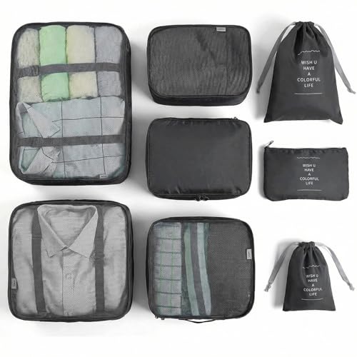 BillyBath Koffer Organizer set, Packing Cubes Kleidertaschen Schuhbeutel Reiseorganizer Packwürfel Kosmetik Travel Organizer Packtaschen für Koffer (8 teilig, schwarz)