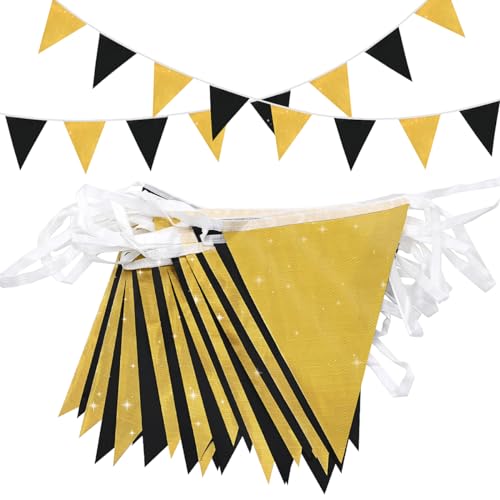 Topeedy Festone decorativo per feste, 20 m, nero e oro, 52 bandierine nere riutilizzabili per compleanni, matrimoni, feste di casa o giardino, bandiere triangolari