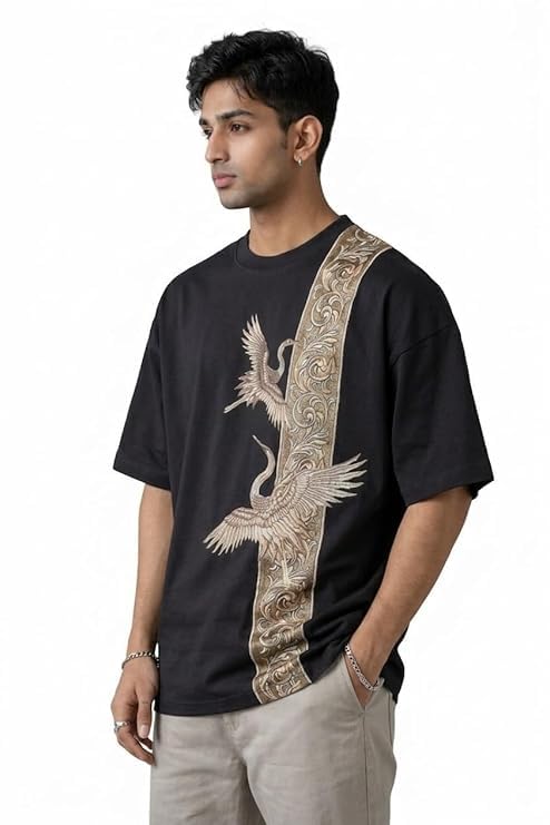 Image of Men's Oversized Black T-Shirt with Crane Bird and Floral Embroidery, Casual Streetwear