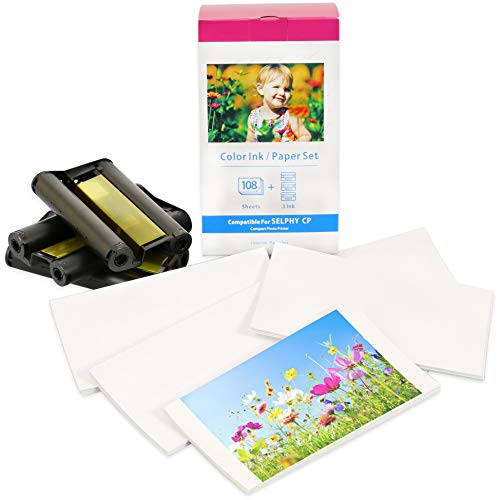 Compatible KP 108IN Papel fotográfico y Cartucho con Canon Selphy CP1300 CP1200 CP1000 CP910 CP820 CP810 CP800 CP790 CP780 | 3 Cartuchos de Tinta | 108 Hojas | Tamaño de Tarjeta Postal: 100 x 148mm