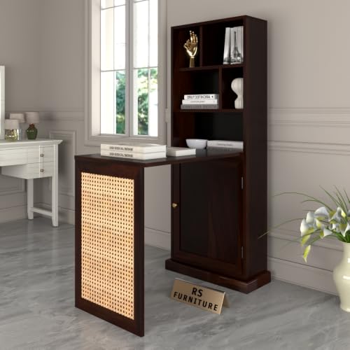 Image of Sheesham Wood Foldable Study Table with Bookshelf & Storage Cabinet | Cane Panel Writing Desk (Walnut Finish)