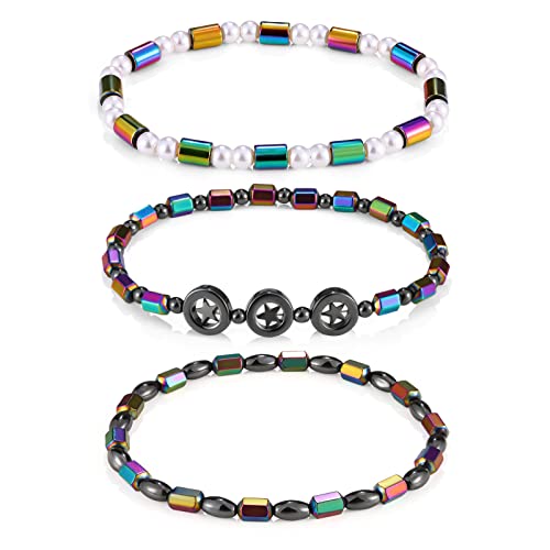 Emibele Bracelets de Cheville Magnétiques, 3PCS Chaînes de Cheville en Perles d'Hématite, Bijoux Accessoires Élastiques Personnalisé Minimaliste, Bracelet...
