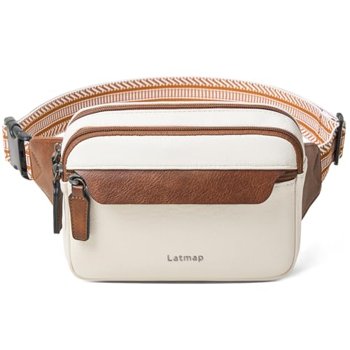 LATMAP 3L Fanny Packs for Women Cross Body Bag Vegan Leather Chest Belt Bag Fashion Waist Pack Small Bum Bag Crossbody for Travel Running Workout Beige with Brown