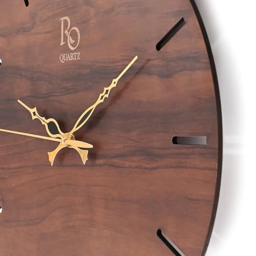 Image of Engineered Wood Round Shape Wall Clock with Metallic Hands & Silent Quartz Movement | Wooden Anti Reflection Analog Vintage Clock for Living Room Home and Office (Brown, 15 Inch)