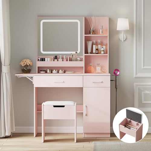 Dowinx Vanity Desk with Mirror and Lights, Power Outlet Makeup Vanity Table with 3 Drawers and 7 Shelves Dressing Table with Storage Stool for Girls Bedroom Dressing Room, Pink
