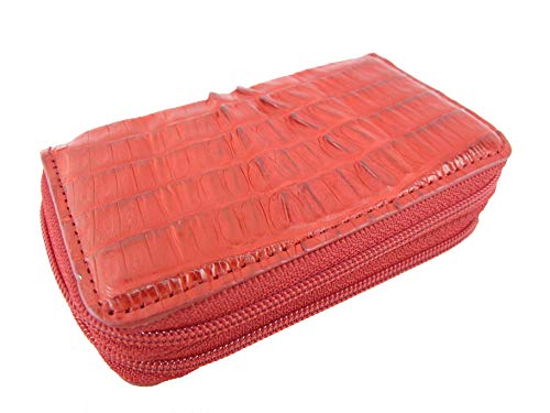 Genuine Crocodile Skin Leather Zip Around Key Holders Wallet Coins Purse (Black) (Carmine Red)