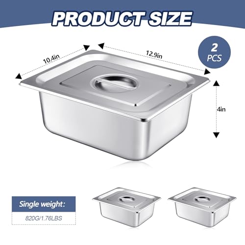 Image of Mifoci 2 Pack Stainless Steam Hotel Pan with Lid, 1 /2 Size x 4 Inch Deep Steam Table Pan Restaurant Supplies Reusable Anti Rust Steam Pan Water Pan for Home, Party, Restaurant, Hotel, Buffet