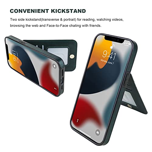 Image of KIHUWEY Compatible with iPhone 13 Case Wallet with Credit Card Holder, Premium Leather Magnetic Clasp Kickstand Heavy Duty Protective Cover for iPhone 13 6.1 Inch(Green)
