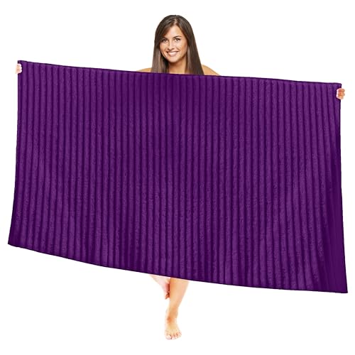 Image of Elegant Comfort 100% Turkish Cotton Corduroy Ribbed Luxury Jumbo Bath Towel Ultra Soft - 35 x 70 Inch - Luxury Spa Premium Hotel Quality Highly Absorbent and Quick Dry Large Bath Towel, Purple