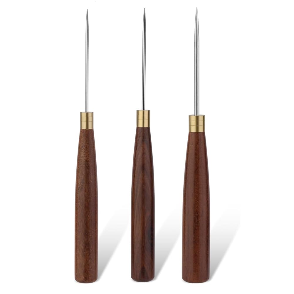 Jnchdghwa As Shown Scratch Awl Tool, Leather Sewing Awl With Wooden Handle- 3 Sizes For Diy Craft Leather Punching Stitching