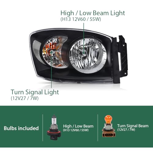 Image of GRAND ORANGE Headlights Assembly w /Bulbs Left and Right Side Compatible with Dodge Ram 1500 Truck 2006-2008 Fit for Dodge Ram 2500 3500 Truck 2006-2009 Clear Lens Black Housing Clear Reflector