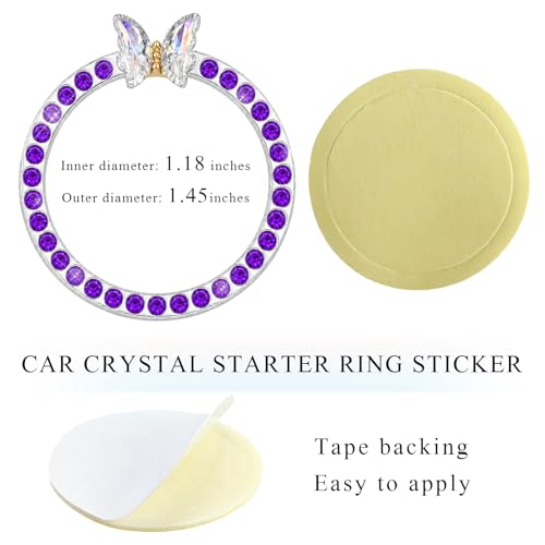 Image of DXNQ 2PCS Bling Ring Emblem, Sparkling Butterfly Car Buttons and Knobs Ring, Girly Butterfly Diamond Car Engine Start Button Cover, Key Ignition Knob Rings Decoration for Women (Purple, Single Row)