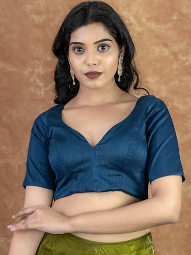 Image of FIGURE'S DESIGNER Women's Dupion Raw Silk Half Elbow Sleeves Sweetheart V Neck Sabyasachi Cut Readymade Saree Blouse S10