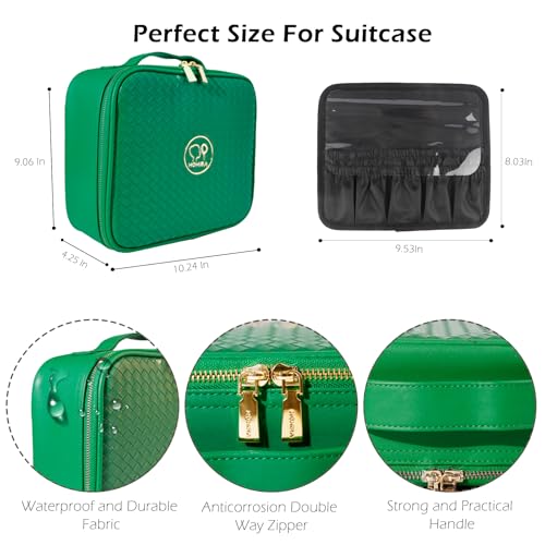Image of MOMIRA Travel Makeup Bag Cosmetic Bag Makeup Organizer Bag with Lighted Mirror, Adjustable Brightness in 3 Color Scenarios, Waterproof Makeup Train Case, Gift for Women - Fresh Green(Woven)