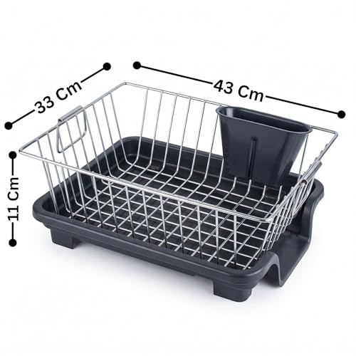 Image of Premium Stainless Steel Dish Rack for Kitchen | Dish Drying Rack with Draining Tray & Cutlery Holder | Space Saving Utensil Stand | Bartan Organizer Basket with Handle