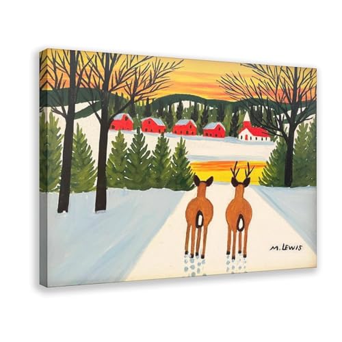 Toile de deux cerfs par Maud Lewis, cadre suspendu haute finition