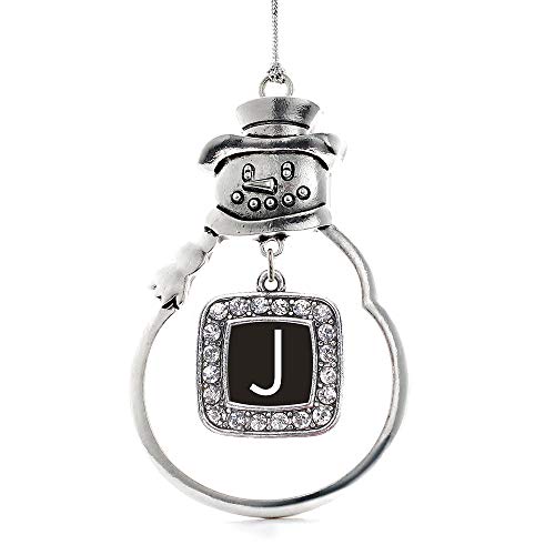 Inspired Silver - My Initials - Letter J - Silver Christmas Ornament - Square Charm Christmas Tree Ornament with Cubic Zirconia - Snowman Hanging Decoration