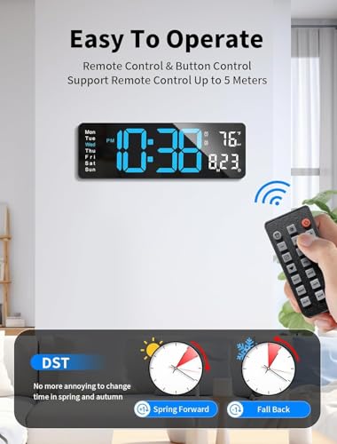Image of 15-Inch Digital Wall Clock with Large LED Display - Remote Control, Auto-Dimming, Night Light, Date, Day, Temperature, DST Function - Ideal for Living Room, Bedroom (16 Inch Blue)