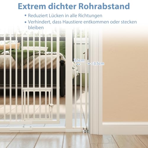 COSTWAY Türschutzgitter Hunde, Absperrgitter ganz hoch, 77-104 cm x 150 cm, Schutzgitter mit Kleiner Tür, 2 Erweiterungen, Türgitter ohne Bohren, Hundegitter ausziehbar, Sicherheitsgitter Metall, Weiß