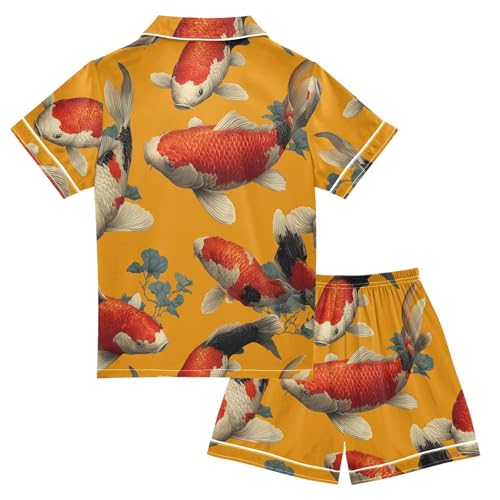 Satin Pajama Sets Short Sleeve Koi Fish Orange Background Button Down Silky Nightwear 2 Piece PJS 5Y,2
