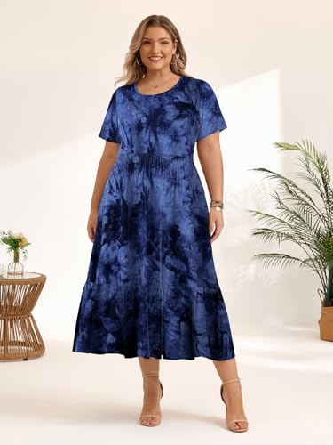 Image of LARACE Plus Size Dresses for Women Summer Casual Short Sleeve Long Dress Flowy Maxi Beach Dresses with Pockets L-6XL