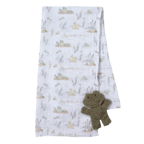 Image of Lambs & Ivy Froggy Cotton Muslin Swaddle Blanket w /Lovey Baby Gift Set | Large 44 inch square infant swaddle blanket with soft boucle green lovey security blanket.