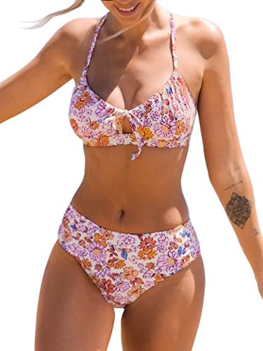 CUPSHE Women&#39;s Bikini Set Two Piece Bathing Suits Scoop Neck Crisscross Back Self Tie Mid Waisted Bottom Floral Cut Out