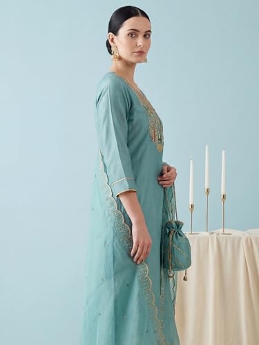Image of INDO ERA Women's Silk Blend Embroidered Straight Kurta & Pant with Dupatta Set | Kurta Set With Dupatta For Women