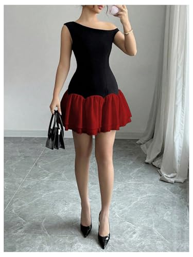 Image of Verdusa Women's Color Block Ruffle Off Shoulder Dress Drop Waist Layered Mesh Mini Dress