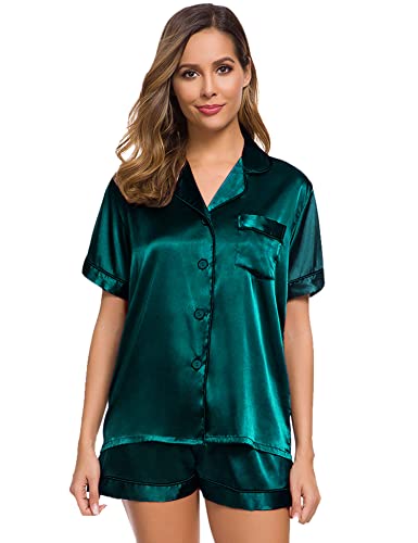 Image of SWOMOG Womens Silk Satin Pajamas Set Short Sleeve Sleepwear Button Down Top and Shorts Loungewear 2 Piece Pjs Set XS-3XL Deep Green Solid Large