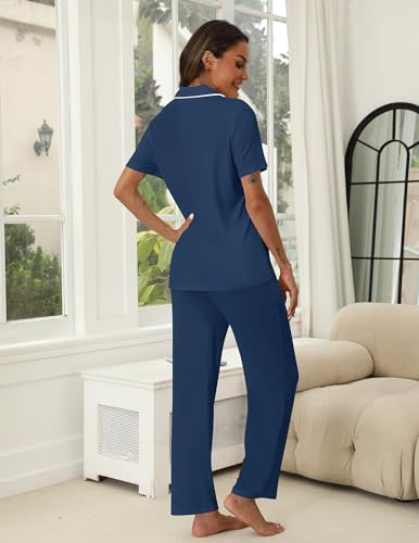 Image of HNG Women Pajamas Set 2 Piece Button Up Pajamas Pant and Short Sleeve Shirt for Woman Pj Sets with Pocket