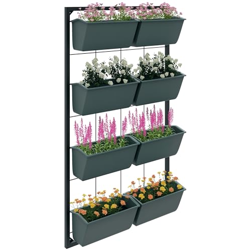 Outsunny Blumenständer, Pflanzenregal mit 8 Töpfen, Wandmontage Blumenregal, Pflanzentreppe Pflanzenständer für Garten, 52,5 x 14 x 90 cm Dunkelgrün
