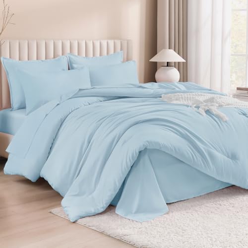 Litanika Comforter King Size Set Light Blue - 7 Pieces Bed in a Bag King Bedding Comforter Sets, Plain Lightweight Bed Set with Comforter, Sheets, Pillowcases & Shams