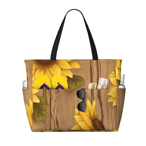 (Sunflower Printed) Large Beach Tote Bag For Women With Zipper Foldable Lightweight Travel Pool Bag For Vacation Shopping