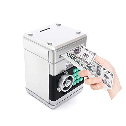 KDTOE Piggy Bank,Electronic ATM Bank Coin Cash Savings Bank with Code Lock,Safe Password Bank Auto Scroll Money for Kids,Boys Girls Birthday Gift(Silver)