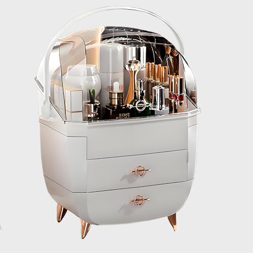 Makeup Organizer with Lid and Drawers, Skincare Organizer for Vanity, Storage Box with Handle, Large Cosmetic Display case for Dresser, Bathroom Countertop, White