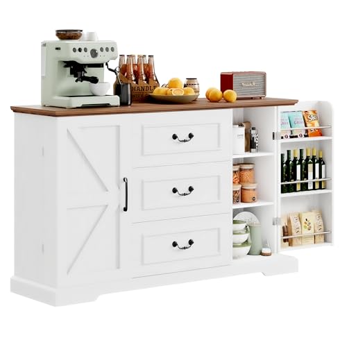 IRONCK Buffet Cabinet with Storage, 55” Morden Farmhouse Sideboard Storage Cabinets with 3 Drawer, Coffee Bar Cabinet for Dining Room, Kitchen, Living Room, White