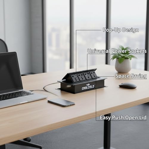 Image of COOLCOLD Hydraulic Cable Cubby Pop Up, Cable Manager Electrical Box with 4 Power Socket | Flip-Top Hidden Desk Module for Office, Home & Conference Table | Space-Saving Flush Mount Design (Silver)