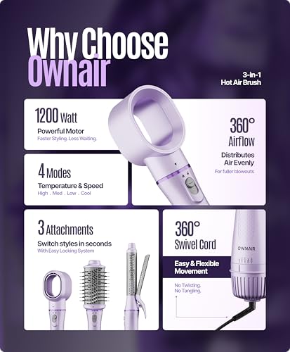 Image of Ownair Hot Air Brush for Hair with Dryer, 4 Heat & Speed Modes, Warm Air Styling, 1200 Watts, Hair Dryer for Women, Styling Brush with 360 Swivel Cord for Easy Styling