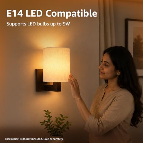 Image of Amazon Basics Deewar Sunrise Wall Lamp | Mango Wood Wall Bracket with Polyester Shade | E14 Holder | Decorative Wall Light for Bedroom, Living Room, Hallway & Home Decor
