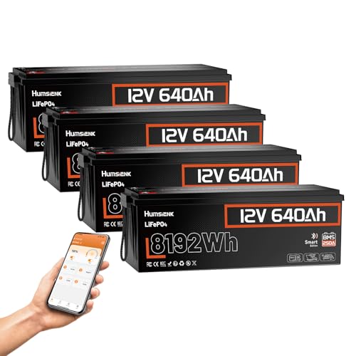 Image of HumsiENK 4Pack 12V 640Ah LiFePO4 Battery, 8.19kWh Massive Capacity Lithium Battery with 250A BMS (3200W Output), Bluetooth & Low-Temp Cut-Off, Replaces 6x 12V 100Ah for RV, Off-Grid Solar, Marine