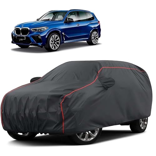 Image of Sulfar 100% Water Resistant Car Body Cover Compatible with Mirror for BMW X5M (Triple Stitched, Full Bottom Elastic, Dark Grey Taffeta with Red Piping)
