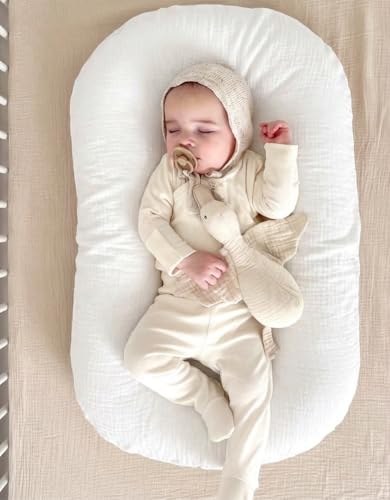 Image of Muslin Baby Lounger Cover 2 Pack, Soft Breathable Newborn Lounger Pillow Cover for Boys Girls Infant (White & White)