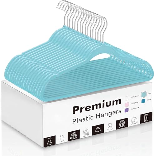 Image of Slim Plastic Hangers for Clothes - Heavy Duty Non-Velvet Hangers with 360 Swivel Chrome Hook & Non Slip Notches - Ideal for Dresses Coats Shirts Jackets & More (Aqua, 30)