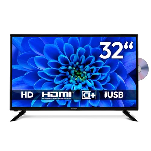 MEDION 80 cm (32 Pouces) Téléviseur HD (Lecteur DVD intégré, récepteur Triple Tuner DVB-T2 DVB-C DVB-S2, 2 x HDMI, USB, Sortie Casque, AV in, Lecteur...