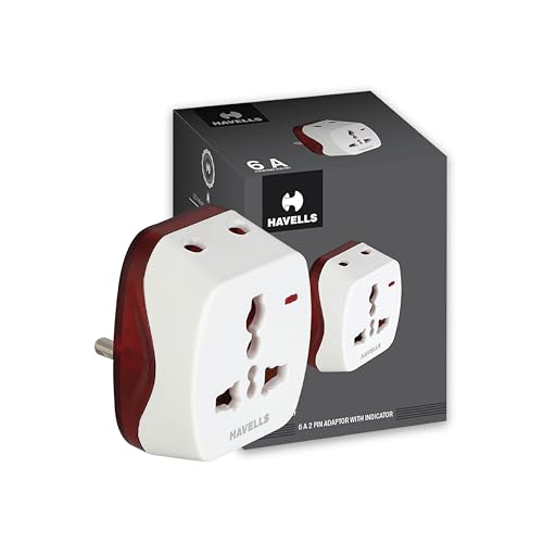 Image of Havells Heavy Duty Nickel Plated Brass Rated with 6A, 240 V AC 2 Pin Universal Adaptor LED Indicator, Flame Retardant and UV Stabilized for Safety Assurance from Catching Fire