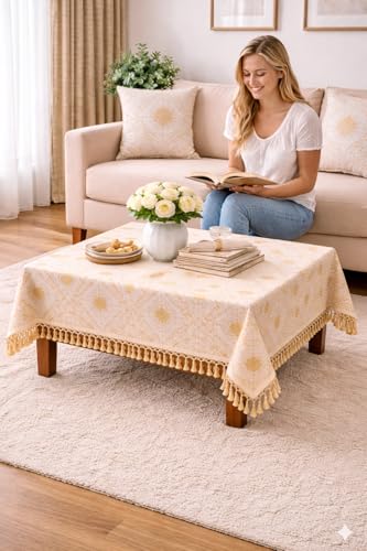 Image of Foil Print Table Cover 46x60 Inch (1 Pc) | Gold Printed Decorative Tablecloth for Center Table, Coffee Table & Dining Table (Off White- Golden)