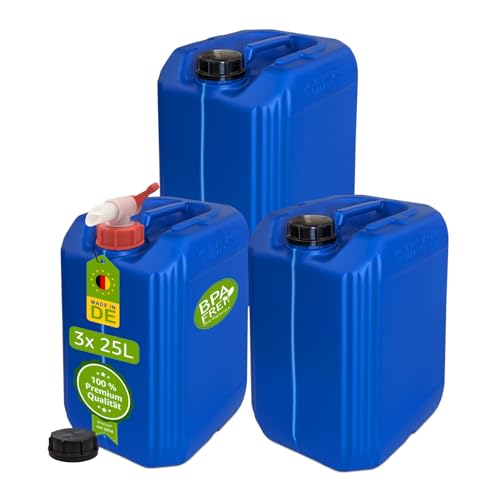 3 x 25 Liter Kanister blau (DIN 61) + 1 Hahn ***Getränkekanister Trinkwasser Camping Wasserkanister SET***