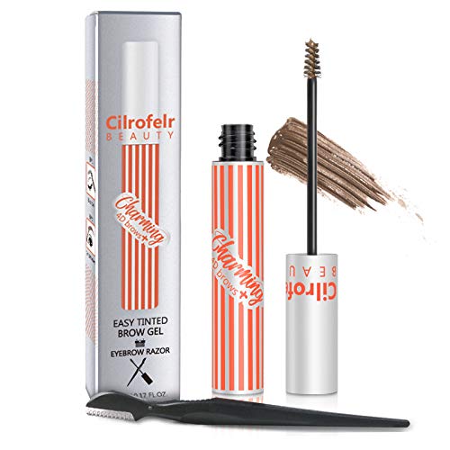 4D Charming Tinted Eyebrow Gel, Cilrofelr Waterproof Eyebrow Gel with Spoolie Brush & Eyebrow Razor, Long Lasting, Non-Sticky, For Natural Brow Looking, Cruelty Free & Paraben Free, Light Brown, 5.0g